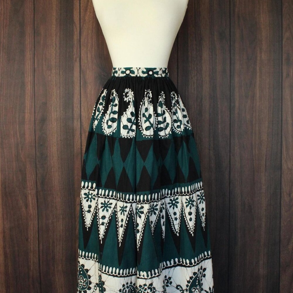 Vintage 1960s 1970s Skirt, Black Teal and White Maxiskirt, Batik Print, - Picture 2 of 10